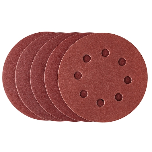 STANLEY STA32172 round sanding discs set, brown, with 8 dust extraction holes, front angle on white background.