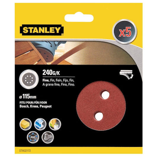 STANLEY STA32172 fine 240 grit 115mm sanding disc 5-pack, brown, front packaging photo.