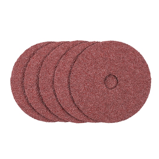 Photo of STANLEY STA32175 abrasive discs, pack of five, red-brown, circular, sanding accessory, top view, white background.