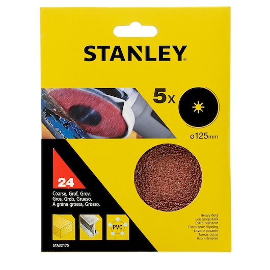 Photo of STANLEY STA32175 coarse sanding discs 125mm, set of 5, shown in yellow packaging with product window.