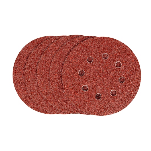 STANLEY STA32177 red circular sanding discs with ventilation holes, product photography white background.