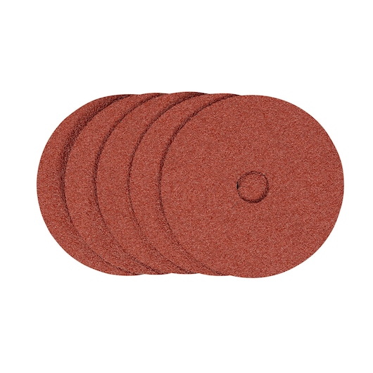 STANLEY STA32180 red abrasive sanding discs set, pack of four, front angle on white background.
