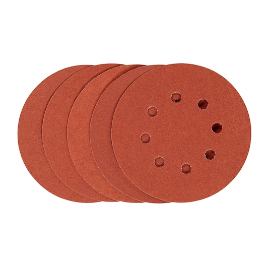 STANLEY STA32182 round sanding discs in red, photography of five pieces with ventilation holes, front angle.