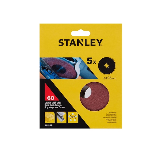 STANLEY STA32185 coarse sanding disc pack, 125mm diameter, set of 5, front angle on white background.