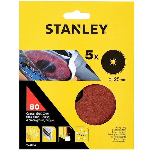 STANLEY STA32190 coarse sanding disc pack, 125mm diameter, photo of front packaging with product details.