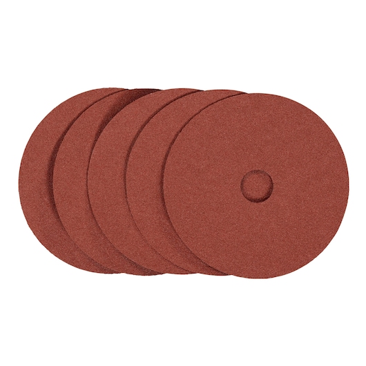 Photo of STANLEY STA32195 brown sanding discs, four stacked, front angle, abrasive accessory.