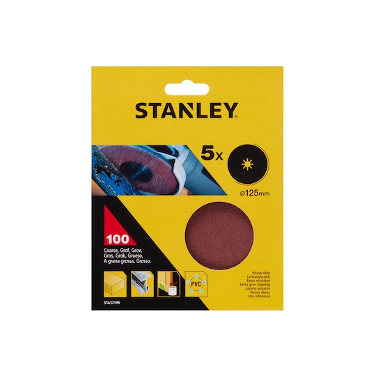 STANLEY STA32195 coarse sanding discs pack, 125mm, 5 pieces, red, photography on white background.
