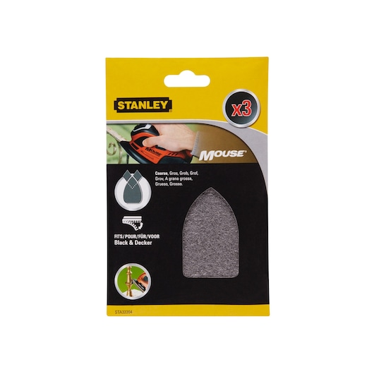 STANLEY STA32204 coarse mouse sander sheets pack, front angle, fits Black+Decker, 3 pieces visible in window.