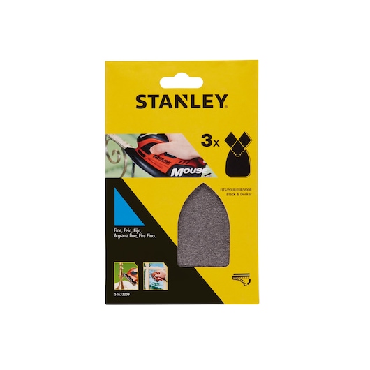 STANLEY STA32209 fine mouse sander sheets, pack of 3, photography of front packaging, white background.