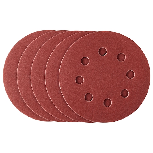 STANLEY STA32252 round sanding discs with eight holes, set of five, reddish-brown, top view, on white background.