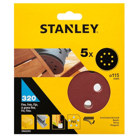 STANLEY STA32252 115mm fine 320 grit sanding discs, set of 5, in yellow packaging, front angle.