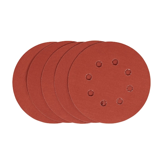Photo of STANLEY STA32262 round sanding discs, brown color, pack of five, with eight dust extraction holes, top view.