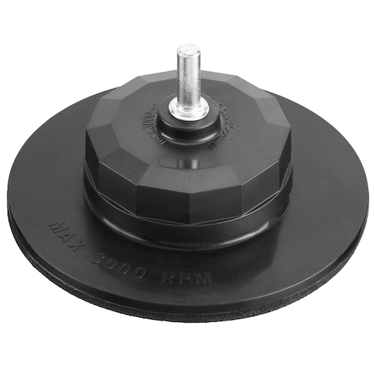 Photo of STANLEY STA32292 black sanding backing pad seen at an angle on white background.