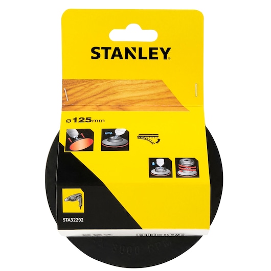 STANLEY STA32292 sanding pad, 125mm, black disc with yellow and black packaging, front view on white background.