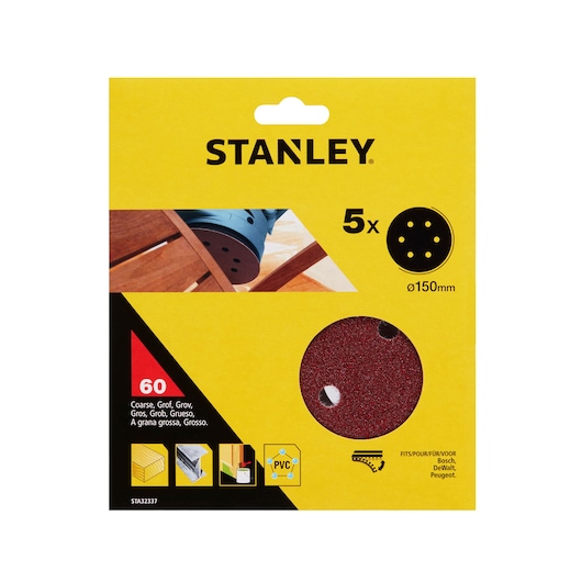 STANLEY STA32337 pack of 5 coarse round sanding discs, 150mm, red, front packaging photo.