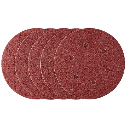 Photo of five STANLEY STA32342 round sanding discs with red abrasive surface and six dust extraction holes, flat lay.