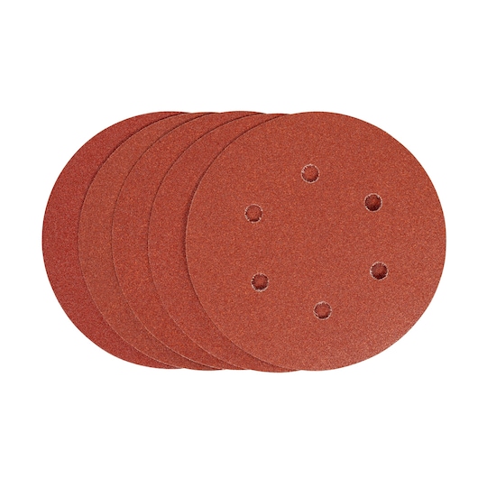 STANLEY STA32347 sanding discs pack, round, red, with 6 holes, product photo on white background.