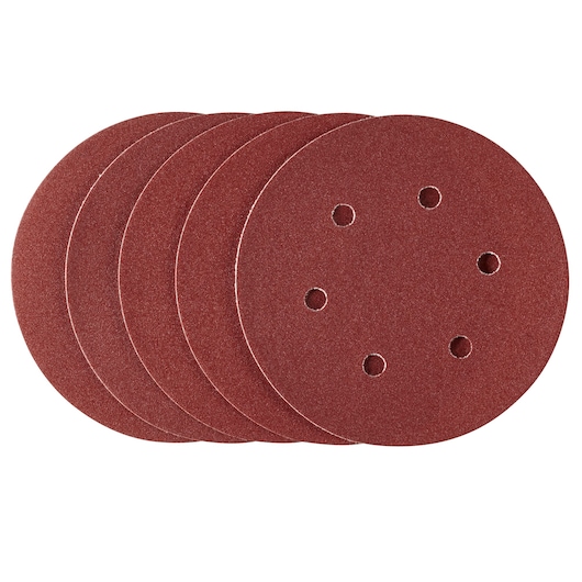 STANLEY STA32352 circular sanding discs with six holes, red abrasive surface, pack of five, photo on white background.