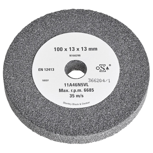 STANLEY STA32355 abrasive grinding wheel, grey, 100 x 13 x 13 mm, top view on white background.