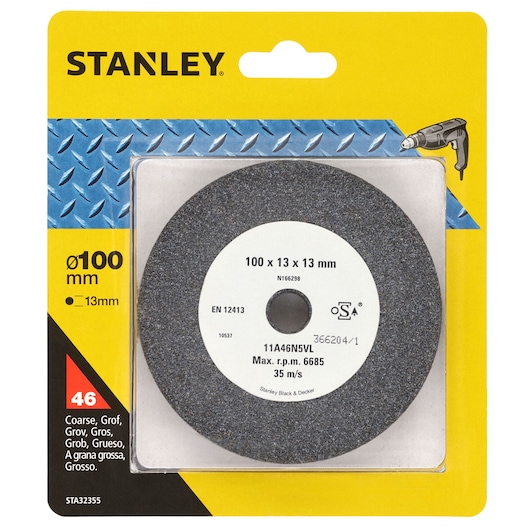 STANLEY STA32355 coarse grinding wheel, 100 x 13 x 13 mm, photo on white background packaging.