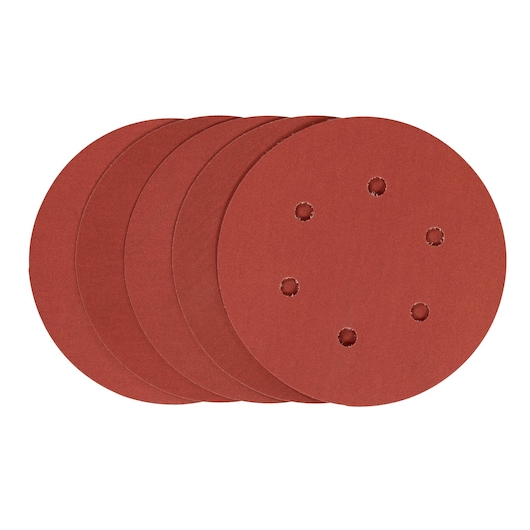 STANLEY STA32357 round sanding discs pack, red, with six holes, product photography, top angle.