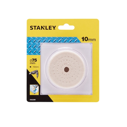Photo of STANLEY STA32360 buffing wheel, 75mm diameter, packaged, front angle, product category: photography.
