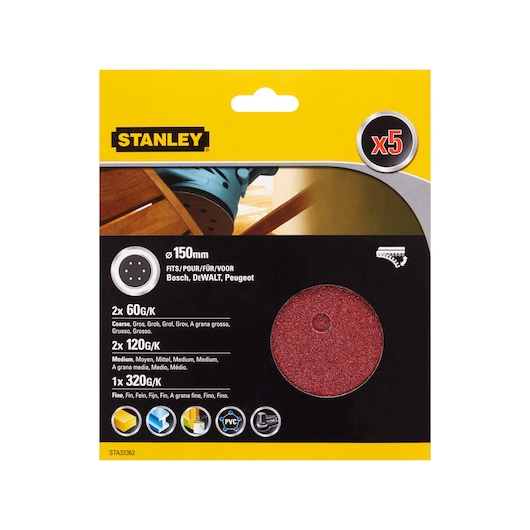 STANLEY STA32362 sanding discs pack, 150mm, mixed grits, product packaging photo, front angle.