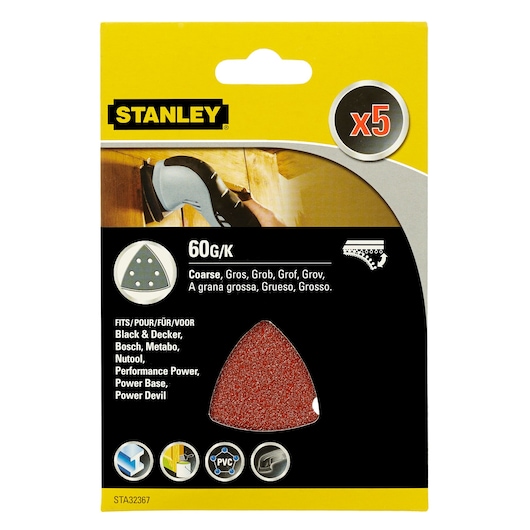 STANLEY STA32367 coarse 60 grit sanding sheet pack, product front packaging, photography, yellow and black design.