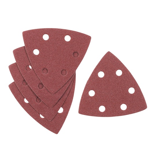 STANLEY STA32372 triangular sanding sheets, brown, with holes, front angle on white background.