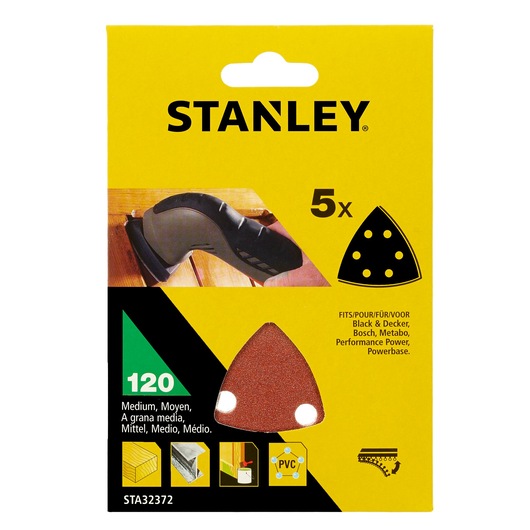 STANLEY STA32372 medium 120 grit sanding sheets, pack of 5, triangular shape, front view.