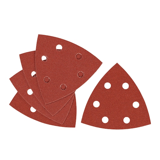 STANLEY STA32377 sanding sheets, triangular, red, six holes, set of five, top view on white background.