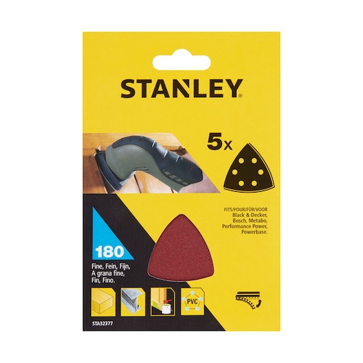 STANLEY STA32377 fine 180 grit sanding sheet pack, triangular shape, for multi-material, front view.