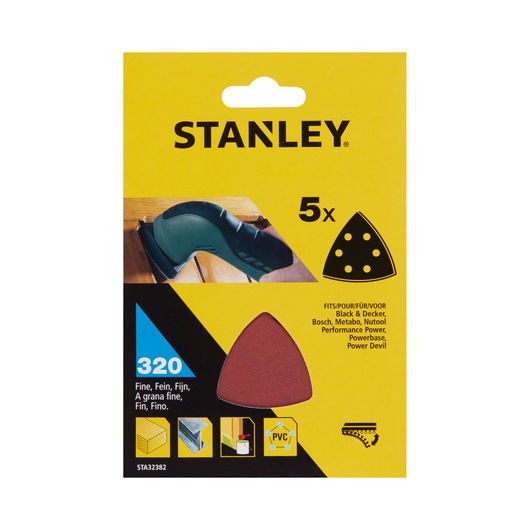 STANLEY STA32382 fine 320 grit sanding sheets pack, photography of front packaging on white background.
