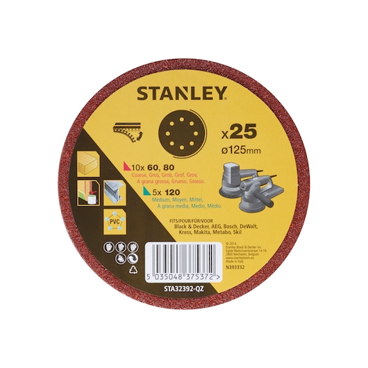 STANLEY STA32392 sanding disc pack of 25, 125mm diameter, coarse and medium grits, product flat lay on white background.
