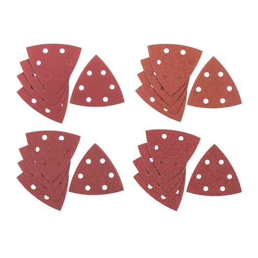 STANLEY STA32397 photography of triangular sanding sheets with holes, red, set of four stacks, front angle.