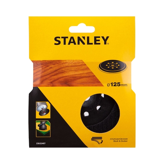 STANLEY STA32407 sanding pad 125mm in yellow packaging, front angle, round pad visible through cutout.