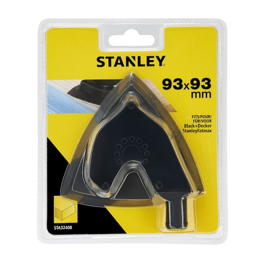 STANLEY STA32408 triangular sanding pad 93x93 mm in black, packaged on yellow and black card, front angle.