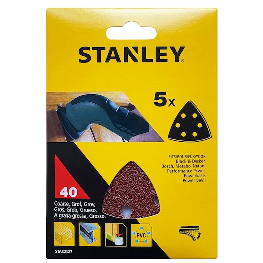 Photo of STANLEY STA32427 sanding sheets, 40 grit, pack of 5, coarse, suitable for multi-sanders, yellow packaging.