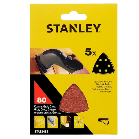 STANLEY STA32432 coarse 80 grit sanding sheets, pack of 5, for multi-sanders, yellow and black packaging, front view.