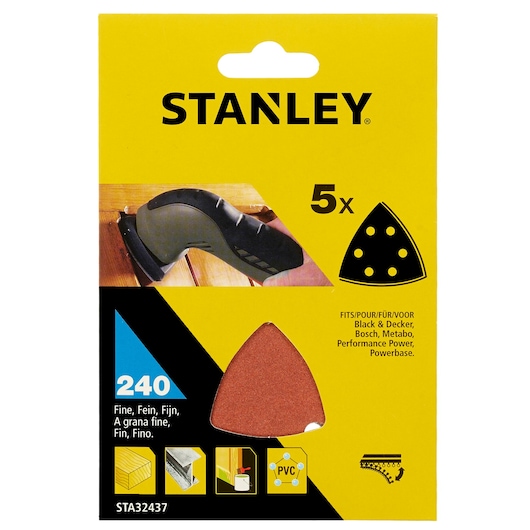 STANLEY STA32437 sanding sheets, fine grit 240, pack of 5 for multi-tools, front view of product packaging.