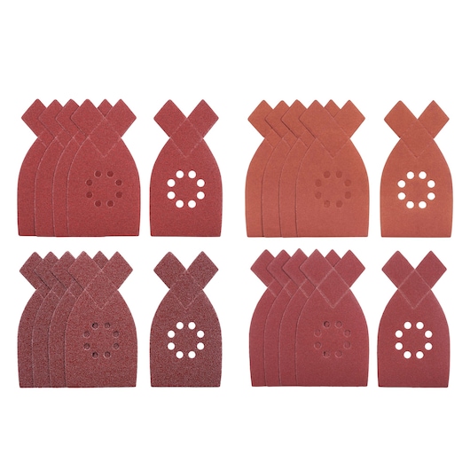 STANLEY STA32452 multi-pack sanding sheets, red, assorted grits, shown from overhead on white background.