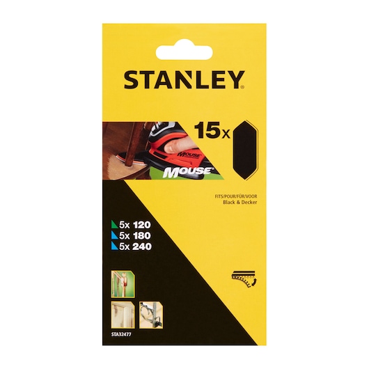 STANLEY STA32477 sanding sheets pack for Mouse sanders, 15 pieces, front view on white background.