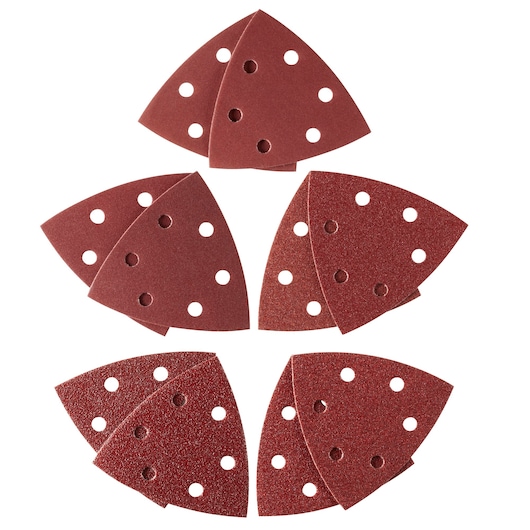 STANLEY STA32482 triangular sanding sheets set, brown with multiple holes, top view, on white background.