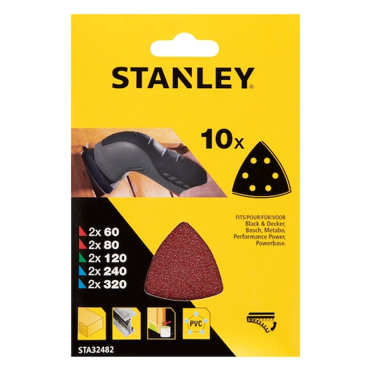 STANLEY STA32482 sanding sheets pack, photography of front packaging with grit sizes and compatible tool brands.