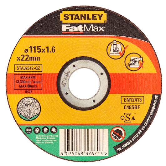 STANLEY STA32612 FatMax grinding disc, photography, front angle, showing product details and specifications.