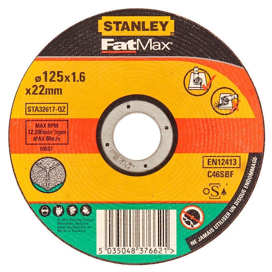 STANLEY FatMax STA32617 cutting disc, 125x1.6x22mm, close-up front view on white background, with safety icons and labels.
