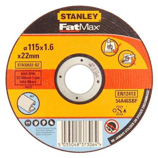 STANLEY STA32622 FatMax cutting disc for aluminum, 115x1.6x22mm, front view on white background.