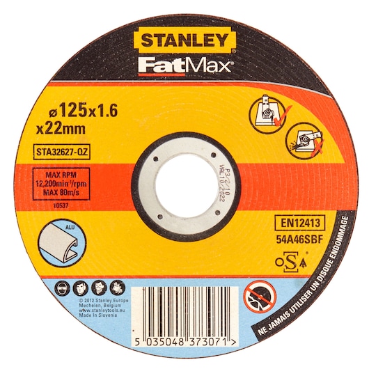 Photo of STANLEY STA32627 FatMax cutting disc, 125x1.6x22mm, round yellow label, product front angle.