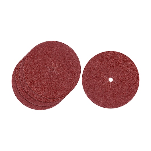 STANLEY STA32640-XJ red abrasive sanding discs, photography, top angle on white background.