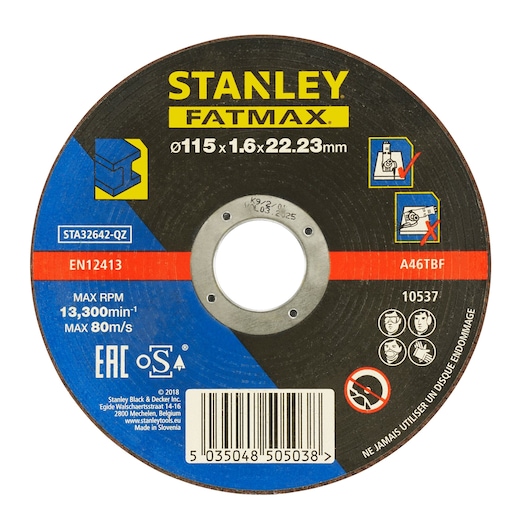 STANLEY FATMAX STA32642 cutting disc, 115 x 1.6 x 22.23 mm, photography, top view on white background.